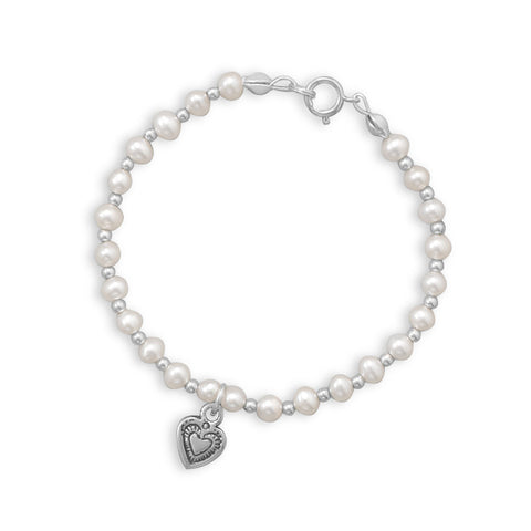 6" Cultured Freshwater Pearl and Silver Bead Bracelet with Oxidized Heart