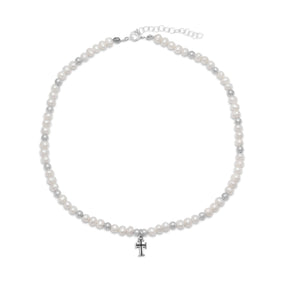 13" +2" Extension  White Cultured Freshwater Pearl and Silver Bead Necklace with Cross Drop