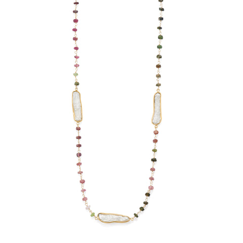 24"  14 Karat Gold Plated Tourmaline and Cultured Freshwater Pearl Necklace