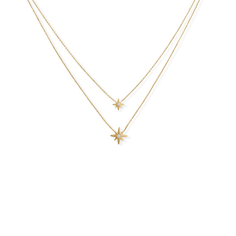 16"/17"+2" 14 Karat Gold Plated Two Strand CZ Star Necklace