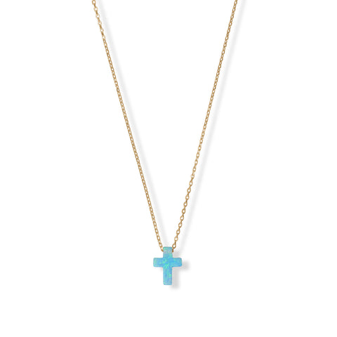 16" + 2" 14 Karat Gold Plated Synthetic Opal Cross Necklace