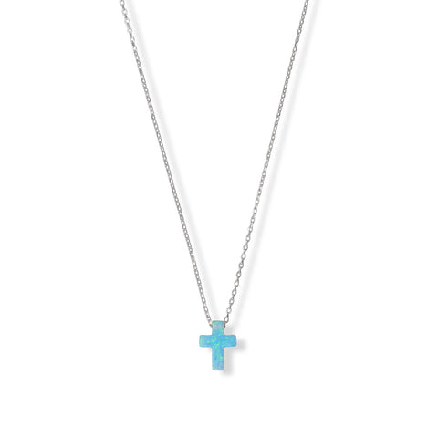 16" + 2" Rhodium Plated Synthetic Opal Cross Necklace