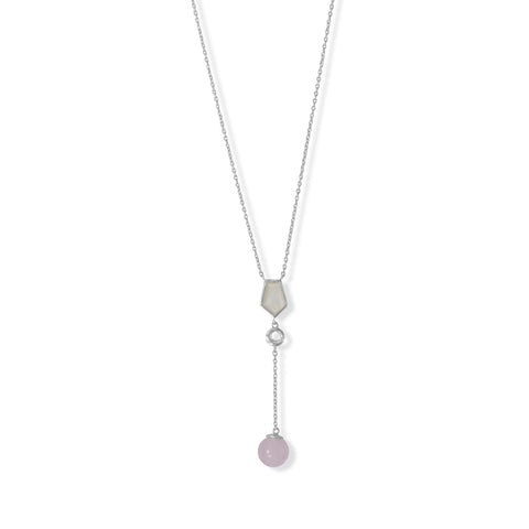 16" + 2" Rhodium Plated Mother of Pearl, Clear Quartz and Rose Quartz Necklace