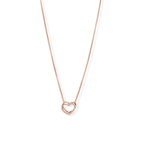 15" + 2" 14 Karat Rose Gold Plated CZ Double Heart Necklace