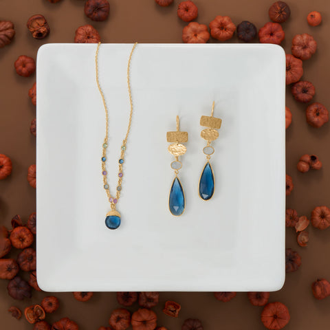 16" + 2" 14 Karat Gold Plated Blue Glass Drop Necklace