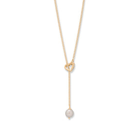 16" + 2" 14 Karat Gold Plated Cultured Freshwater Pearl and CZ Heart Lariat Necklace