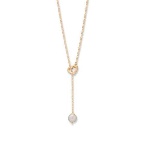 16" + 2" 14 Karat Gold Plated Cultured Freshwater Pearl and CZ Heart Lariat Necklace