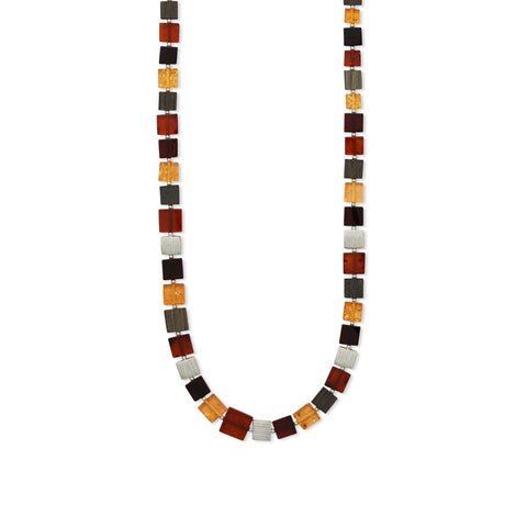 18" Textured Square Disk, Multi Color Amber and Black Oak Necklace