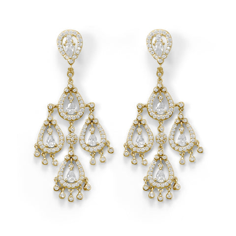 14 Karat Gold Plated CZ Pear Chandelier Earrings