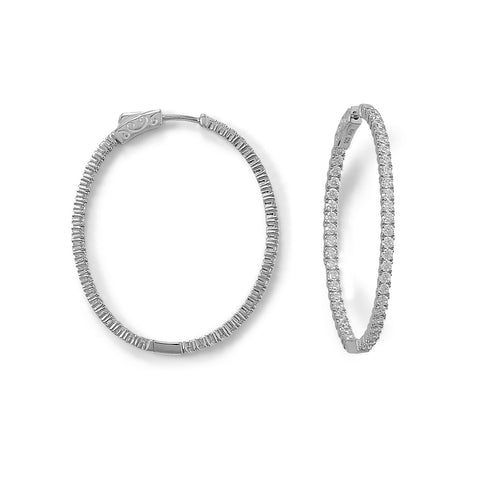 Rhodium Plated Oval In/Out CZ Hoop Earrings