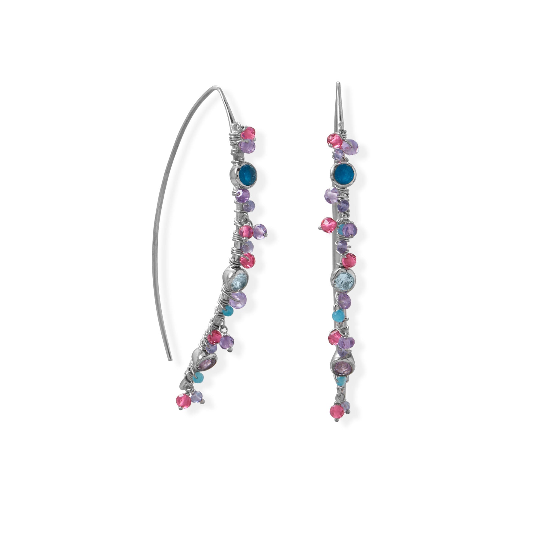 Marquis Wire Beaded Earrings Rhodium on Sterling Silver with Multicolor Stones Marquis Wire Beaded Earrings Rhodium on Sterling Silver with Multicolor Stones