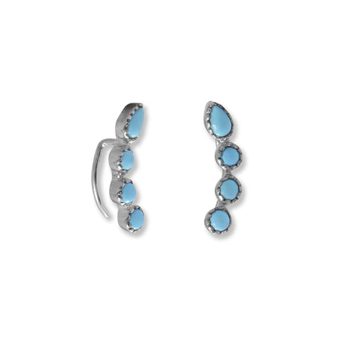 Rhodium Plated Synthetic Turquoise Ear Climber Earring