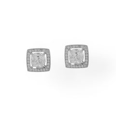 Rhodium Plated Square CZ with Halo Stud Earrings