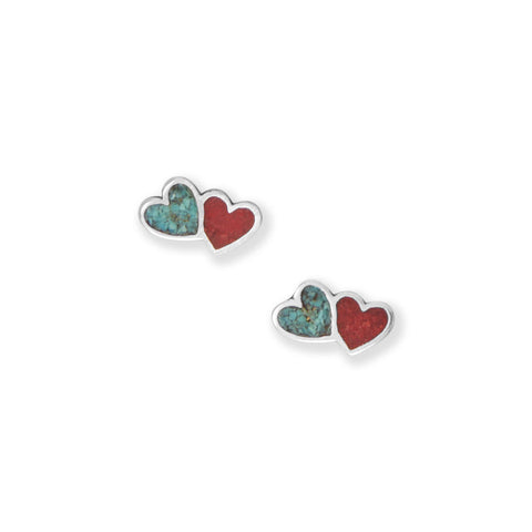 Coral and Turquoise Chip Double Heart Earrings