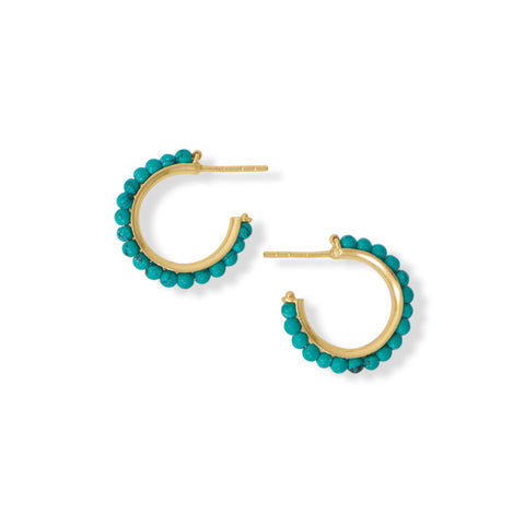 14 Karat Gold Plated Beaded Turquoise 3/4 Hoop Earrings
