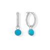 Rhodium Plated Hoop Earrings with Faceted Turquoise Charm