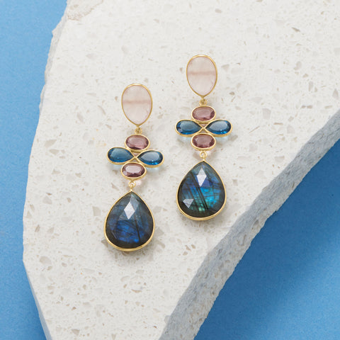 Labradorite, Rose Quartz and Glass Drop Earrings