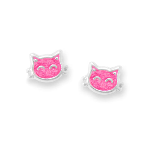 Pink Enamel Kitty Cat Face Stud Earrings