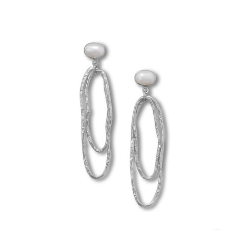 Rhodium Plated Cultured Freshwater Pearl and Textured Drop Earrings
