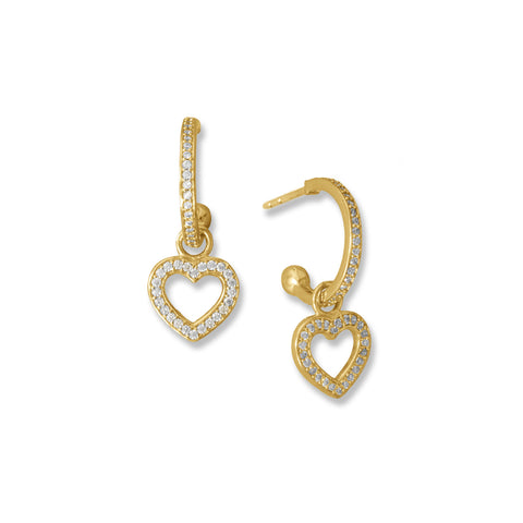 14 Karat Gold Plated CZ Heart Charm Hoop Earrings