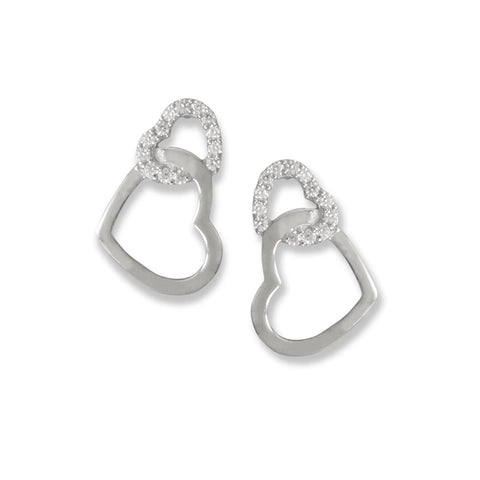 Rhodium Plated CZ and Polished Linked Heart Drop Earrings