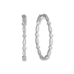 Rhodium Plated In/Out CZ Diamond and Elongated Hexagon Hoop Earrings
