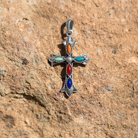 Oxidized Multicolor Stone Cross Pendant