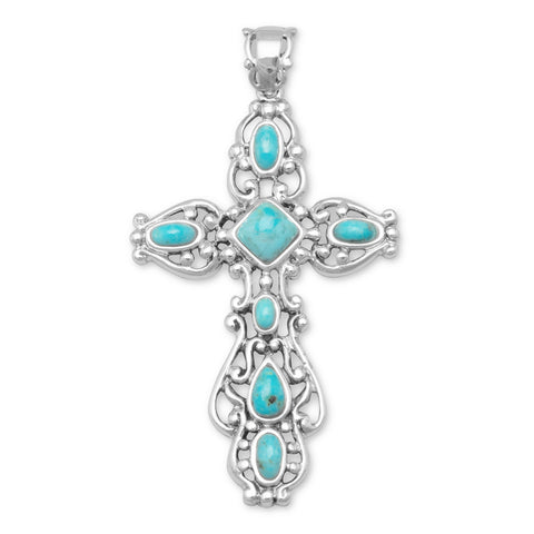 Ornate Oxidized Reconstituted Turquoise Cross Pendant