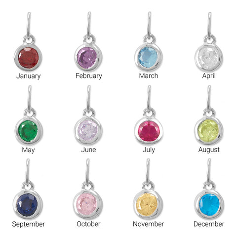 Rhodium Plated Round CZ Birthstones Charm (January-December)