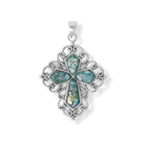 Roman Glass Swirl Edge Cross Pendant