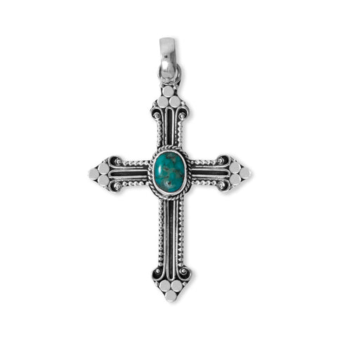 Turquoise Fleur de Lis Style Bali Cross Pendant