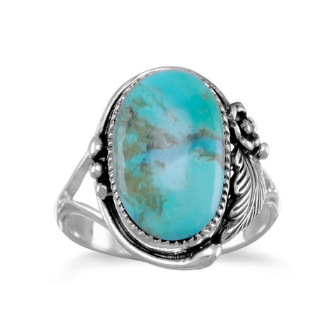 Oval Reconstituted Turquoise Floral Design Ring
