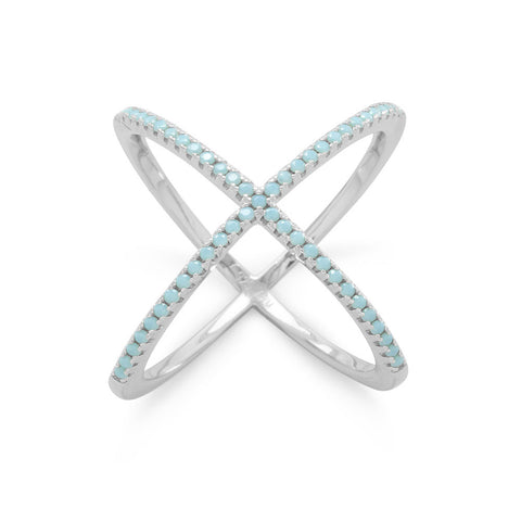 Rhodium Plated Criss Cross 'X' Ring with Blue CZs