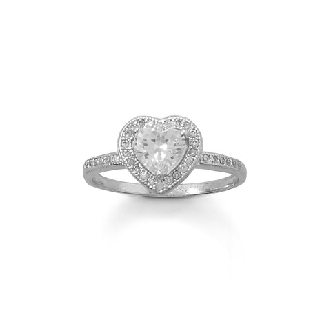 Rhodium Plated Solitaire 6mm CZ Heart Ring with Halo CZ Edge
