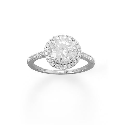 Rhodium Plated Solitarire Round CZ Ring with Halo CZ Edge