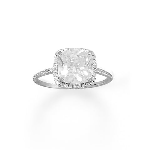 Rhodium Plated Solitaire Square CZ Ring with Halo CZ Edge