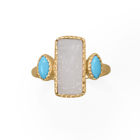 Darling and Dreamy! 14 Karat Gold Plated Druzy and Synthetic Turquoise Ring