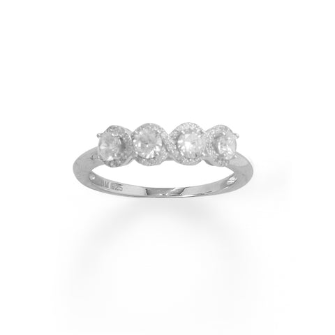 Rhodium Plated 4 CZ with Halo Edge Ring
