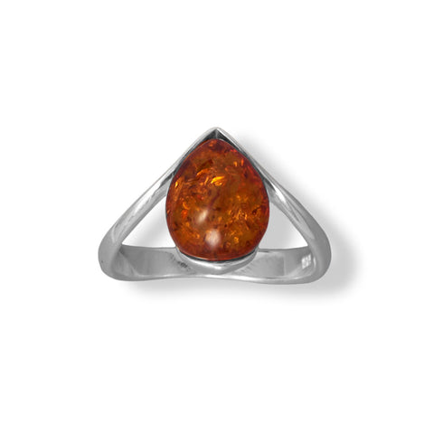 Polished Sterling Silver "V" with Pear Baltic Amber Ring