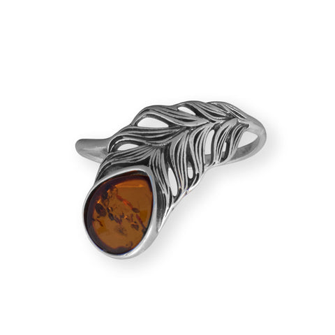 Oxidized Baltic Amber Feather Ring