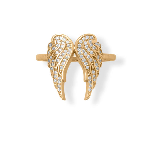 16 Karat Gold Plated CZ Angel Wings Ring - Wholesale Silver