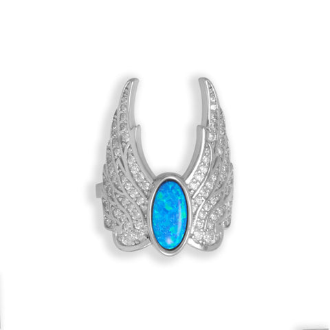 Rhodium Plated CZ and Blue Opal Angel Wing Ring