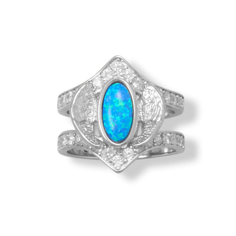 Rhodium Plated CZ Angel Wing Ring with Opal