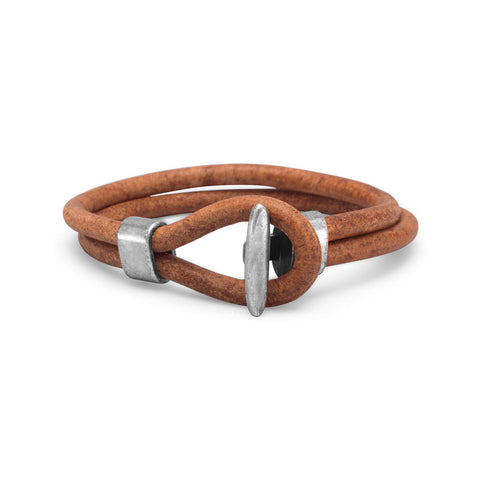 9" Men's Leather and Silver Tone Bracelet